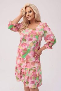 Sukienka Arie w wielokolorowy print XXL OVERSIZE WIOSNA. Sukienki Moda Size Plus Iwanek, na komunię, na wiosnę, s, bez wzorów, z elastanu, z asymetrycznym kołnierzem, bez ramiączek, mini, asymetryczne. Za 269,90 zł.