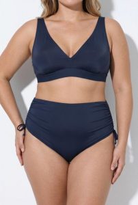 Damskie figi od bikini marszczona taśma wypełnienie z przodu. Niebieskie figi Ulla Popken, bez wzorów, z elastanu. Za 100,99 zł.