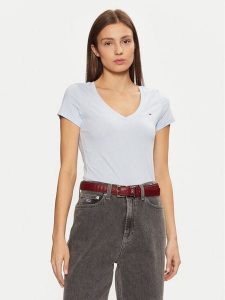 Tommy Jeans T-Shirt DW0DW20458 Błękitny Slim Fit. Niebieskie t-shirty Tommy Jeans, xs, bez wzorów, z bawełny, bez kołnierzyka, bez ramiączek. Za 89,99 zł.