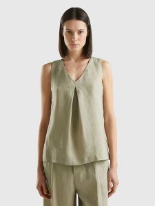 Benetton Lniana bluzka w kolorze khaki rozmiar: S. Brązowe bluzki Benetton, s, bez wzorów, ze lnu, bez kołnierzyka, bez ramiączek. Za 100,99 zł.