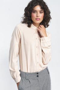 Elegancka Bluzka na Stójce - Beżowa. Brązowe bluzki Nife, xs, bez wzorów, z materiału, eleganckie, bez kołnierzyka, bez ramiączek. Za 209,90 zł.