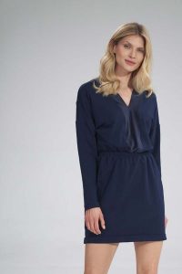 Mini Sukienka z Dekoltem Wykończonym Welurem - Granatowa. Brązowe sukienki Figl, s, bez wzorów, z bawełny, bez kołnierzyka, bez ramiączek, mini. Za 239,00 zł.