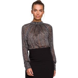 Szyfonowa Bluzka w Kropki z Wiązaniem - Model 1. Brązowe bluzki MOE, l, bez wzorów, z materiału, bez kołnierzyka, bez ramiączek. Za 254,90 zł.