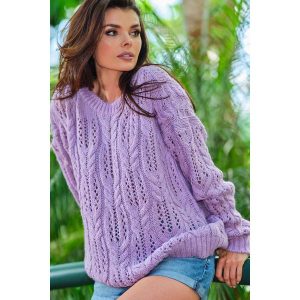 Luźny Sweter o Ażurowym Splocie - Fioletowy. Fioletowe swetry klasyczne Awama, uniwersalny, z materiału, bez kołnierzyka. Za 249,90 zł.