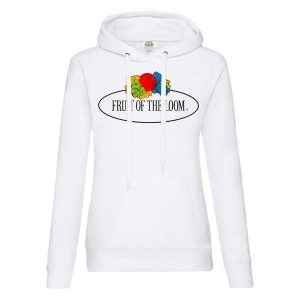 Damska Bluza Z Kapturem Z Nadrukiem Logo W Stylu Vintage. Białe bluzy FRUIT OF THE LOOM, xs, bez wzorów, z kapturem. Za 97,99 zł.