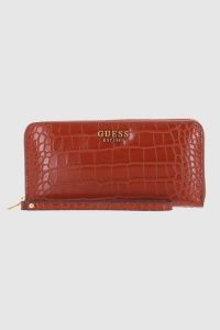 GUESS Brązowy portfel Laurel SLG Large Zip Around. Brązowe portfele Guess, z aplikacjami, ze skóry. W wyprzedaży za 239,99 zł.