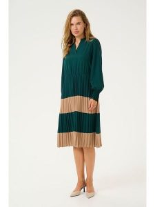 CULTURE Sukienka "Betty" w kolorze beżowo-zielonym rozmiar: S. Brązowe sukienki Culture, s, bez wzorów, bez kołnierzyka, bez ramiączek, midi, rozkloszowane. Za 173,99 zł.