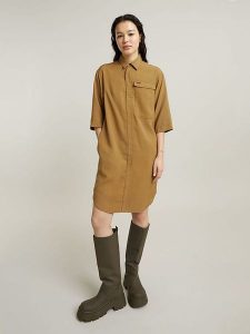 G-Star Sukienka w kolorze musztardowym rozmiar: S. Brązowe sukienki G-Star, s, bez wzorów, retro, bez kołnierzyka, bez ramiączek, midi. Za 245,96 zł.