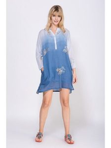 Peace & Love Sukienka plażowa w kolorze niebieskim rozmiar: M. Niebieskie sukienki Peace & Love, na plażę, m, bez wzorów, z bawełny, bez kołnierzyka, bez ramiączek, mini. Za 48,39 zł.