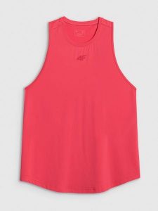 4F Top treningowy regular szybkoschnący damski - koralowy M. Czerwone topy 4f, m, bez wzorów, z materiału, bez kołnierzyka, bez ramiączek. Za 79,99 zł.