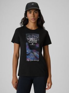 4F T-shirt regular z nadrukiem damski - czarny XS. Czarne t-shirty 4f, xs, bez wzorów, z bawełny, bez kołnierzyka, bez ramiączek. Za 69,99 zł.