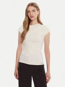 Calvin Klein T-Shirt LV047B275G Écru Slim Fit. T-shirty Calvin Klein, s, bez wzorów, bez kołnierzyka, bez ramiączek. Za 169,99 zł.