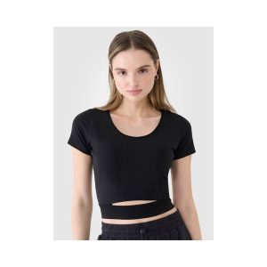 T-shirt crop top gładki damski 4F 4FRSS25TTSHF2695. Czarne t-shirty 4f, bez wzorów, z bawełny, bez kołnierzyka, bez ramiączek. Za 34,99 zł.