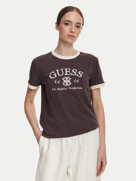 Guess T-Shirt V6YI18 K4320 Brązowy Regular Fit. Brązowe t-shirty Guess, m, z aplikacjami, z bawełny, bez kołnierzyka, bez ramiączek. Za 194,99 zł.