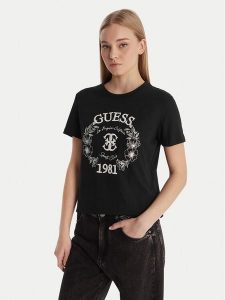 Guess T-Shirt V6RI12 J1314 Czarny Regular Fit. Czarne t-shirty Guess, xs, z aplikacjami, z bawełny, bez kołnierzyka, bez ramiączek. Za 179,99 zł.