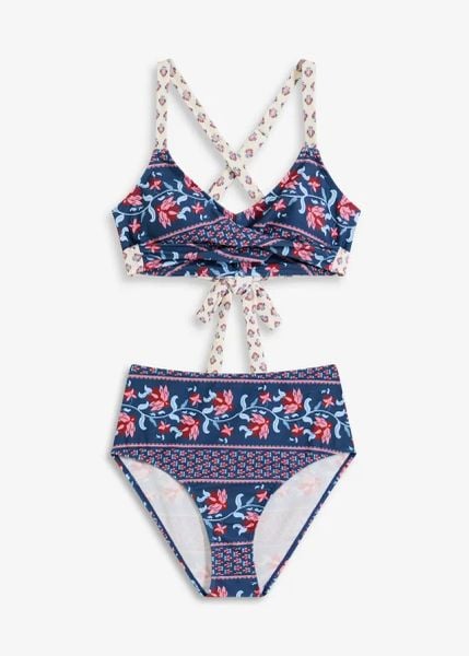 Bikini bustier (2 części) z efektem założenia kopertowego. Niebieskie bikini bonprix, bez wzorów. Za 147,99 zł.