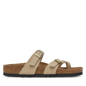 Japonki Birkenstock. Brązowe klapki Birkenstock, bez wzorów, bez obcasa. Za 319,99 zł.