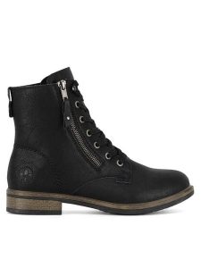 Rieker Botki 72221-00 Czarny. Czarne botki Rieker, bez wzorów, z materiału, bez obcasa, na płaskiej podeszwie, bez zapięcia. Za 369,99 zł.