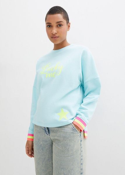Bawełniana bluza oversize z kolorowym ściągaczem i mankietami z czystej bawełny. Niebieskie bluzy bonprix, bez wzorów, z bawełny, bez kaptura. Za 129,99 zł.