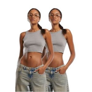 Top z jersey damski Urban Classics (x2). Szare topy Urban Classics, bez wzorów, z dzianiny, eleganckie, bez kołnierzyka, bez ramiączek. Za 142,00 zł.