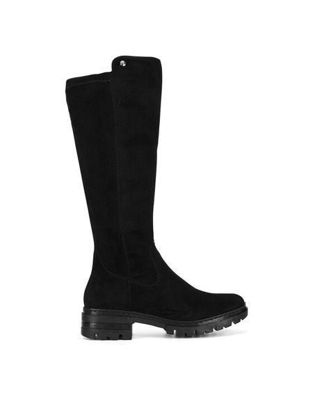 Rieker Kozaki 76890-00 Czarny. Czarne kozaki Rieker, bez wzorów, z materiału, bez obcasa, na słupku, bez zapięcia. Za 311,00 zł.