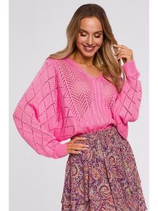 Made of emotion Sweter w kolorze różowym rozmiar: S/M. Różowe swetry oversize Made Of Emotion, m, bez wzorów, ze splotem, bez ramiączek. Za 79,03 zł.
