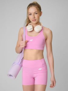 4F Biustonosz treningowy z niskim wsparciem damski - różowy XS. Czerwone biustonosze 4f, bez wzorów, z gumy. Za 119,99 zł.