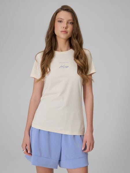 4F T-shirt slim z nadrukiem damski - beżowy XL. Brązowe t-shirty 4f, l, bez wzorów, z jeansu, bez kołnierzyka, bez ramiączek. Za 49,99 zł.