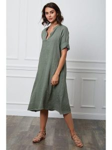 Fleur de Lin Lniana sukienka "Granel" w kolorze khaki rozmiar: XL. Brązowe sukienki Fleur de Lin, xl, bez wzorów, z koronki, bez kołnierzyka, bez ramiączek, midi. Za 189,29 zł.