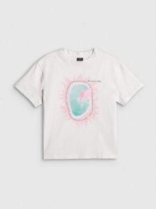 4F T-shirt loose z nadrukiem damski - biały XS. Białe t-shirty 4f, xs, bez wzorów, z bawełny, bez kołnierzyka, bez ramiączek. Za 69,99 zł.