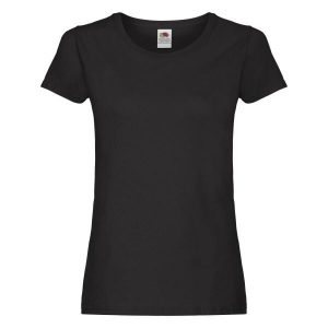 Oryginalna Koszulka Damska. Czarne bluzki FRUIT OF THE LOOM, m, bez wzorów, sportowe, bez kołnierzyka, bez ramiączek. Za 28,99 zł.