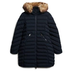 Średnia kurtka damska Superdry Fuji Faux Fur. Niebieskie kurtki Superdry, bez wzorów, z puchu, bez kaptura. Za 538,65 zł.