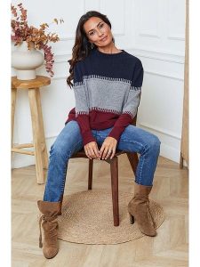 Joséfine Sweter "Lurcia" w kolorze szaro-czerwono-granatowym rozmiar: L. Czerwone swetry oversize Joséfine, l, bez wzorów, z kaszmiru, bez ramiączek. Za 195,99 zł.