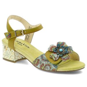 Zielone Sandały Laura Vita Eleganckie Obuwie Damskie. Zielone sandały LAURA VITA, z aplikacjami, z materiału, bez obcasa, na obcasie, bez zapięcia. Za 369,00 zł.