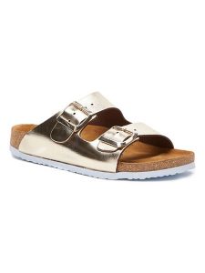 Comfortfusse Skórzane klapki w kolorze złotym rozmiar: 36. Żółte klapki Comfortfüße, bez wzorów, z otwartym noskiem, bez obcasa. Za 260,99 zł.