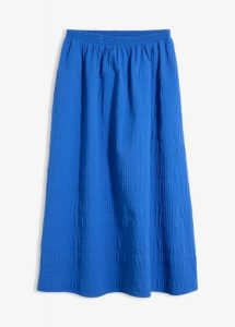 Lekka spódnica midi ze strukturą. Niebieskie spódnice bonprix, bez wzorów, midi. Za 79,99 zł.