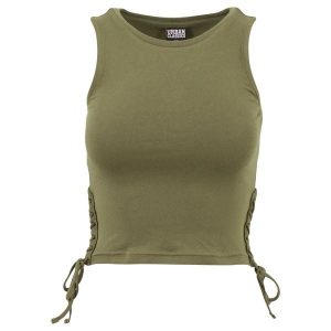 Damski crop top Urban Classic lace. Zielone topy Urban Classics, bez wzorów, bez kołnierzyka, bez ramiączek. Za 92,50 zł.