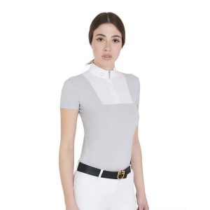 Damska koszula konkursowa slim fit z krótkim rękawem. Białe koszule EQUESTRO, l, z aplikacjami, z bawełny, bez kołnierzyka, bez ramiączek. Za 361,62 zł.