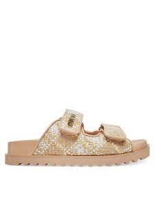Guess Klapki FLJFZZ FAB19 Beżowy. Brązowe klapki Guess, z aplikacjami, z materiału, bez obcasa. Za 319,99 zł.