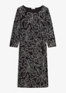 Sukienka z dżerseju ze wzorem w kwiatki. Czarne sukienki bonprix, bez wzorów, z dżerseju, eleganckie, bez kołnierzyka, bez ramiączek. Za 149,99 zł.