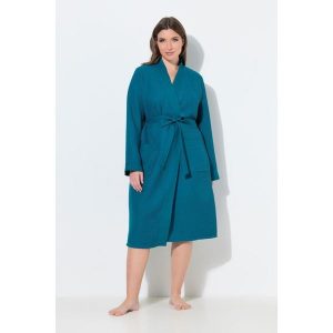 Damskie Szlafrok kołnierz szalowy pasek pika waflowa długi rękaw. Niebieskie szlafroki Ulla Popken, plus size, bez wzorów, z bawełny, plus size, bez kaptura. Za 279,99 zł.