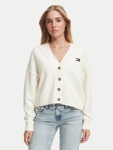 Tommy Jeans Kardigan Fluffy Badge DW0DW23830 Biały Regular Fit. Białe kardigany Tommy Jeans, z jeansu. Za 449,99 zł.