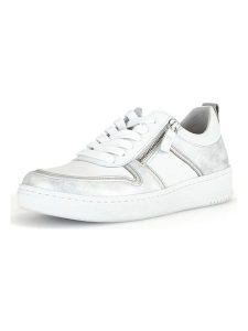 Gabor Skórzane sneakersy w kolorze srebrno-białym rozmiar: 38. Białe trampki Gabor, bez wzorów, ze skóry, bez zapięcia. Za 329,42 zł.