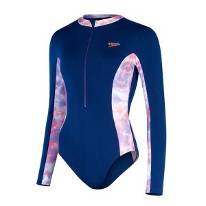 Damski 1-częściowy kostium kąpielowy z długim rękawem Speedo. Fioletowe stroje jednoczęściowe Speedo, bez wzorów. W wyprzedaży za 233,00 zł.
