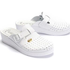 SANITAL FLEX 708 white, klapki profilaktyczne damskie. Białe klapki Sanital-Flex, bez wzorów, ze skóry, bez obcasa. Za 119,90 zł.