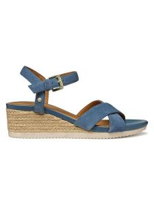 Geox Skórzane sandały "Ischia Corda" w kolorze błękitnym na koturnie rozmiar: 41. Niebieskie sandały Geox, bez wzorów, ze skóry, z otwartym noskiem, bez obcasa, na koturnie, bez zapięcia. Za 217,99 zł.