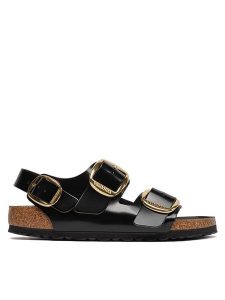 Birkenstock Sandały Milano Big Buckle 1024211 Czarny. Czarne sandały Birkenstock, bez wzorów, ze skóry, bez obcasa, na płaskiej podeszwie, bez zapięcia. Za 529,99 zł.