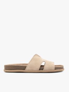 Beżowe klapki H. Brązowe klapki Ryłko, bez wzorów, ze skóry, z okrągłym noskiem, bez obcasa, na płaskiej podeszwie. Za 349,99 zł.