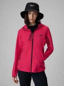 4F Kurtka softshell wiatroodporna damska - różowa L. Czerwone kurtki 4f, na lato, l, bez wzorów, z softshellu, bez kaptura. Za 299,99 zł.