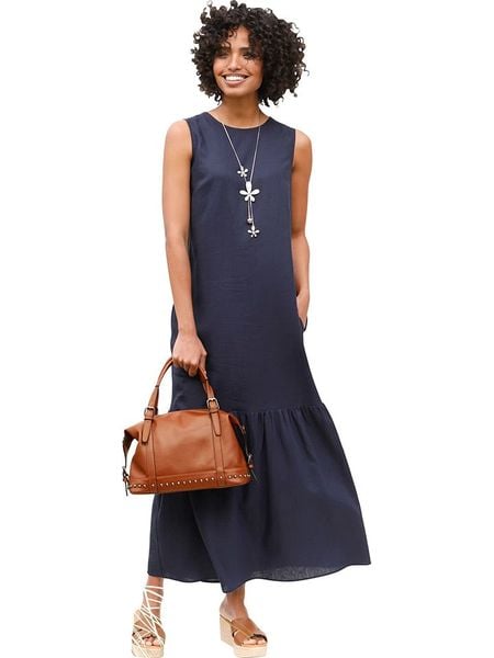 Heine Sukienka w kolorze granatowym rozmiar: 48. Niebieskie sukienki Heine, bez wzorów, bez kołnierzyka, bez ramiączek, midi. Za 117,73 zł.